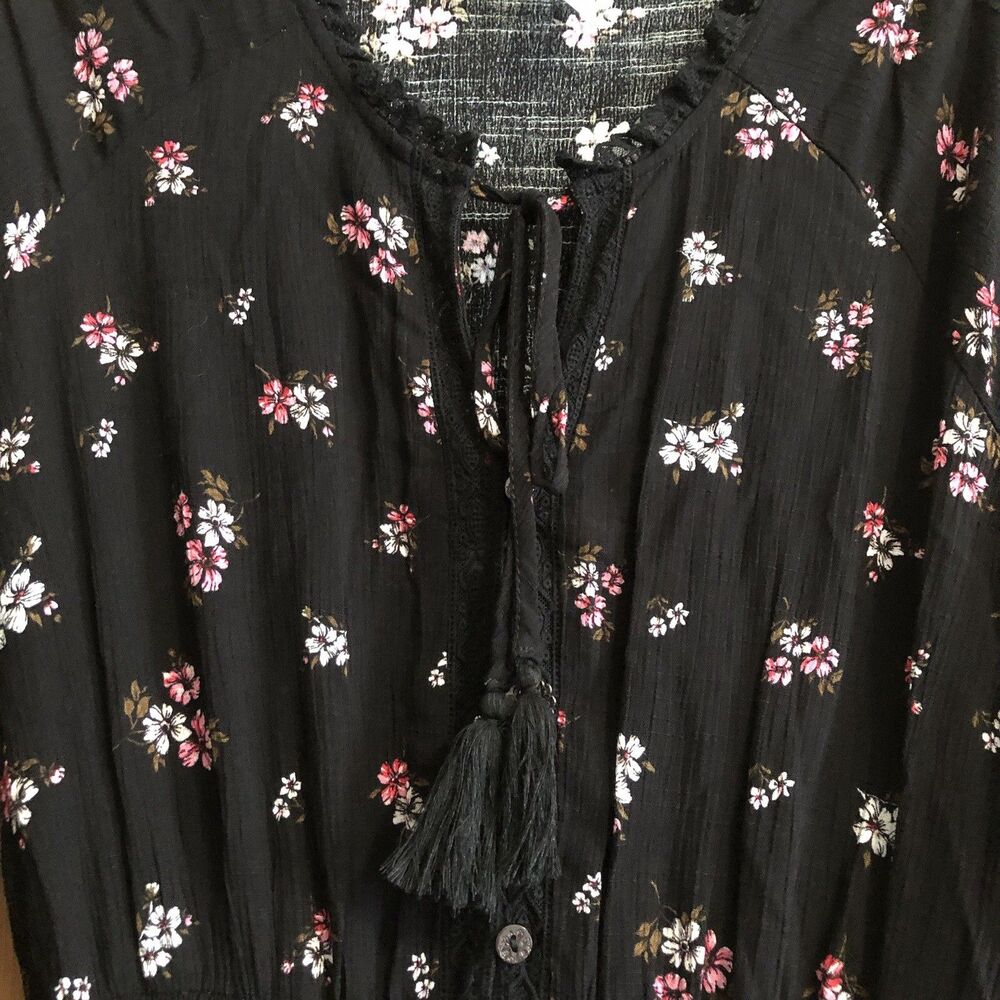 AMERICAN RAG Black Floral Smocked Peasant Dress Long Sleeve Size Medium - Picture 11 of 14